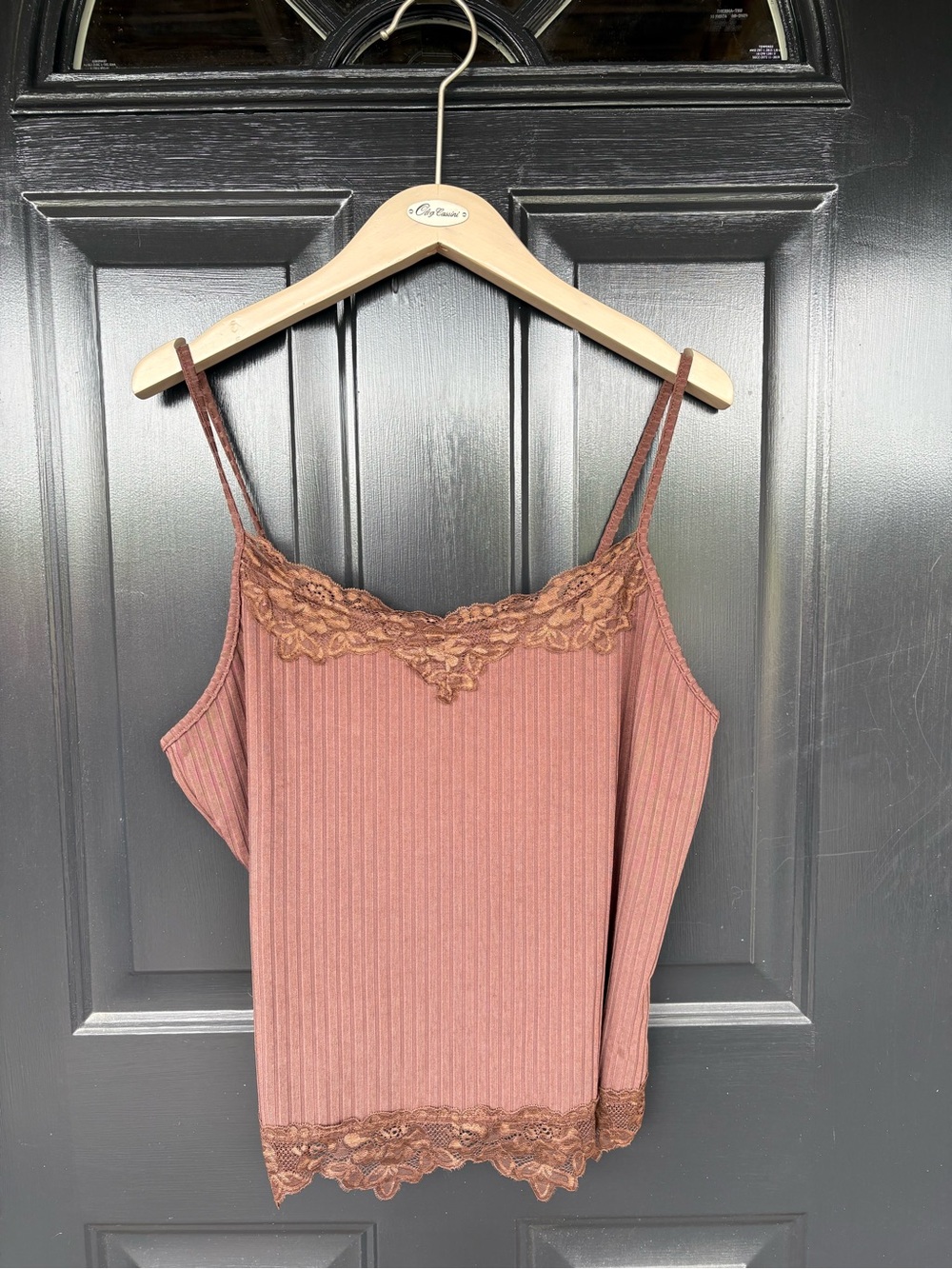 ROMWE Brown Ribbed Lace Trim Cami